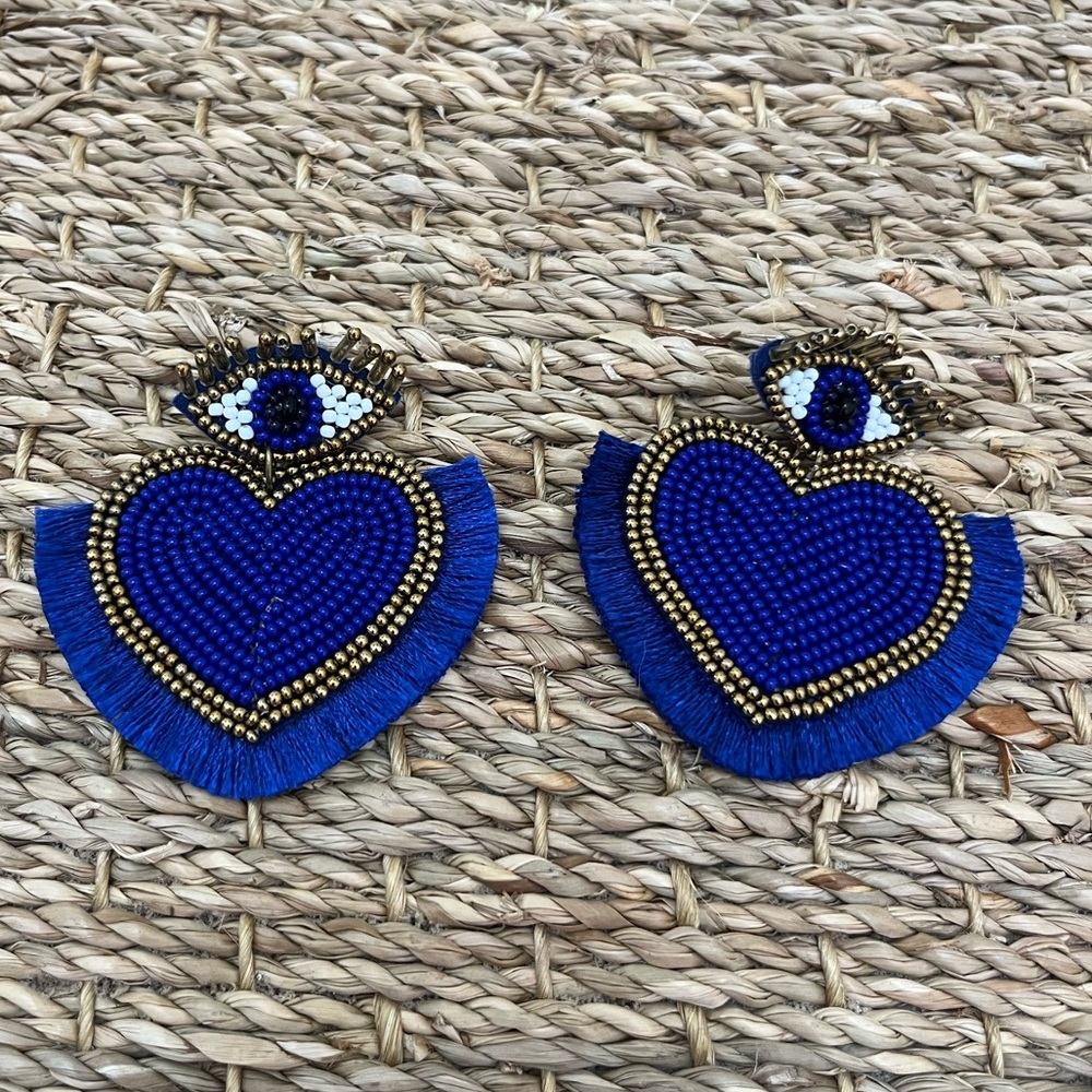 Evil eye Blue Beaded Heart Earrings